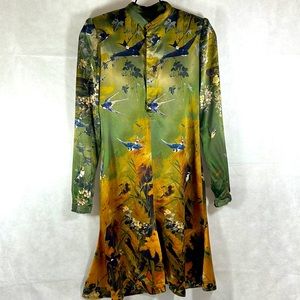 Jean Paul Gaultier Femme Multi Colored Swallow Print Long Sleeve Silk Dress